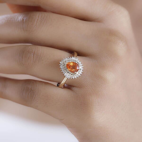 Luxoro AAA Fanta Garnet I2 Natural Champagne And White Diamond 1.50 Ctw Autum Forest Sunburst Ring In 14K Yellow Gold