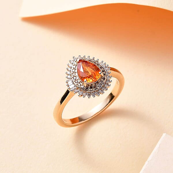 Luxoro AAA Fanta Garnet I2 Natural Champagne And White Diamond 1.50 Ctw Autum Forest Sunburst Ring In 14K Yellow Gold