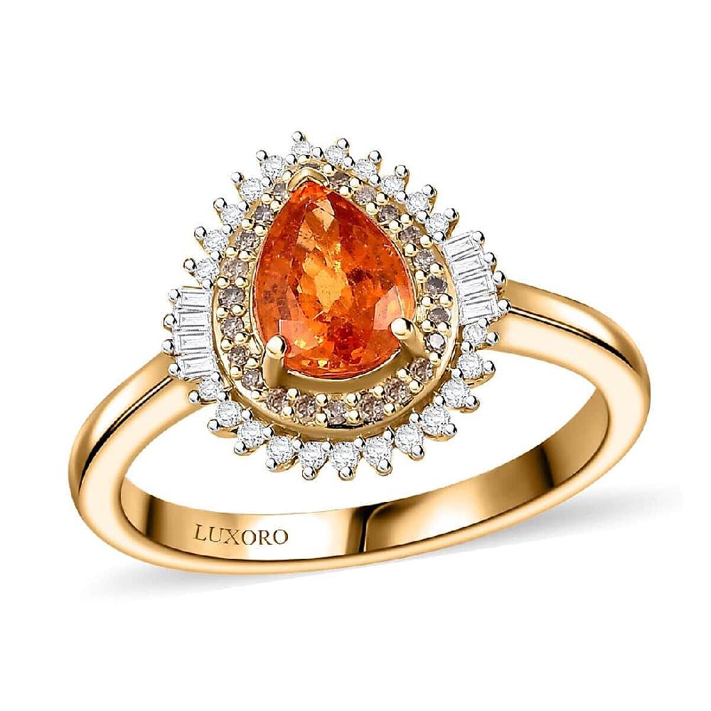 Luxoro AAA Fanta Garnet I2 Natural Champagne and White Diamond 1.50 ctw Autum Forest Sunburst Ring in 14K Yellow Gold