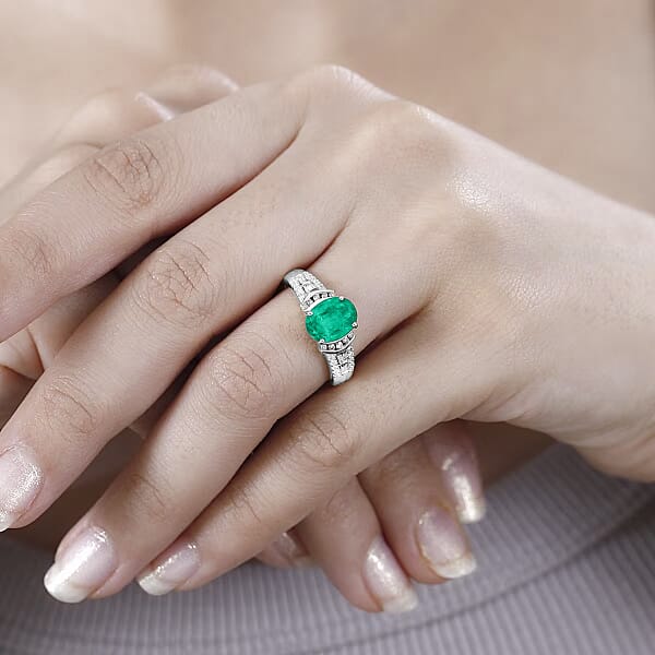 Luxoro AAA Kagem Zambian Emerald Natural Champagne And White Diamond I2 2.23 Ctw Ring In 14K White Gold (Del. In 10-12 Days)