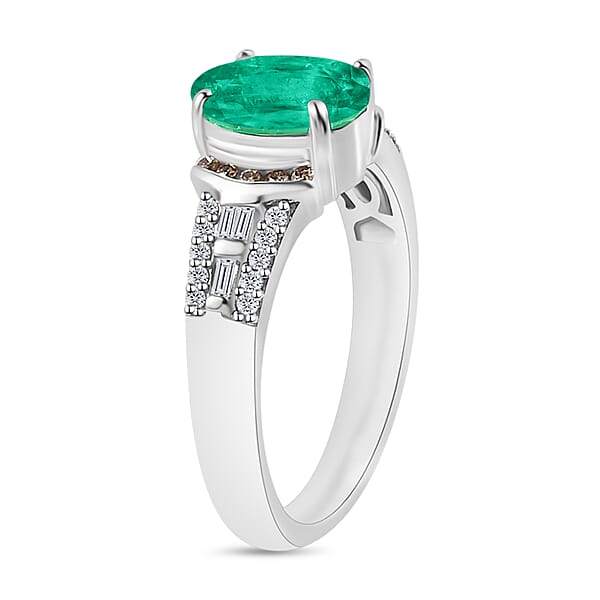 Luxoro AAA Kagem Zambian Emerald Natural Champagne And White Diamond I2 2.23 Ctw Ring In 14K White Gold (Del. In 10-12 Days)