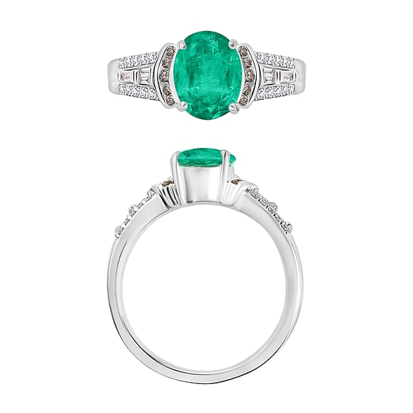 Luxoro AAA Kagem Zambian Emerald Natural Champagne And White Diamond I2 2.23 Ctw Ring In 14K White Gold (Del. In 10-12 Days)