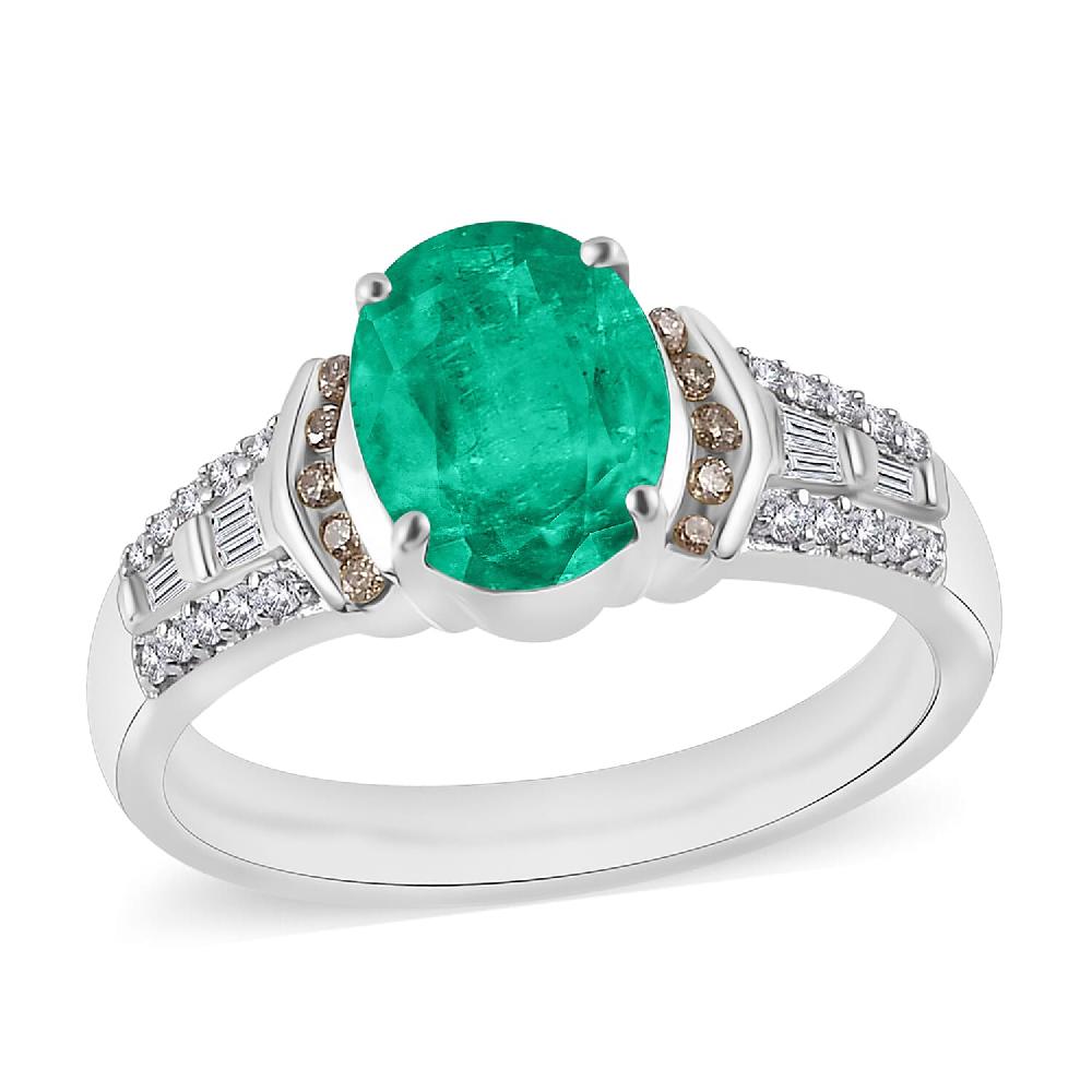 Luxoro AAA Kagem Zambian Emerald Natural Champagne and White Diamond I2 2.23 ctw Ring in 14K White Gold (Del. in 10-12 Days)