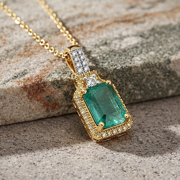 Luxoro AAA Kagem Zambian Emerald Natural Yellow And White Diamond I2 1.85 Ctw Art Deco Pendant Necklace In 10K Yellow Gold 20 Inches