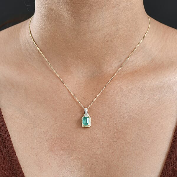 Luxoro AAA Kagem Zambian Emerald Natural Yellow And White Diamond I2 1.85 Ctw Art Deco Pendant Necklace In 10K Yellow Gold 20 Inches
