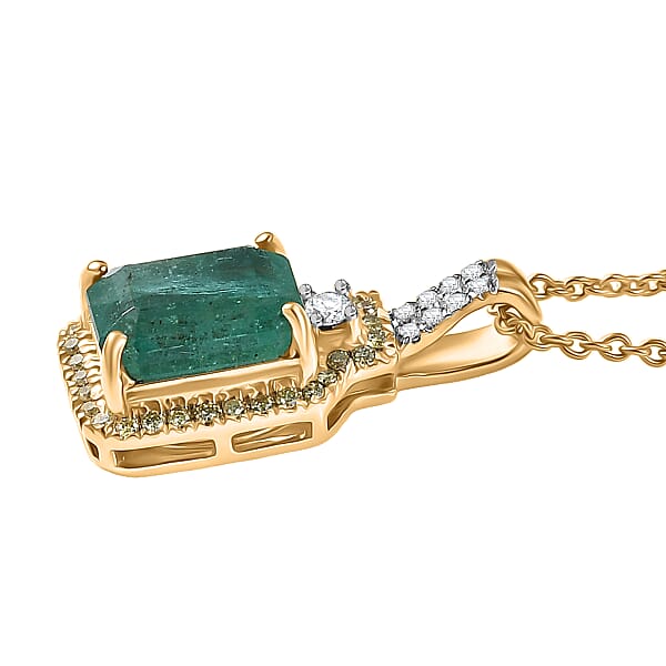 Luxoro AAA Kagem Zambian Emerald Natural Yellow And White Diamond I2 1.85 Ctw Art Deco Pendant Necklace In 10K Yellow Gold 20 Inches