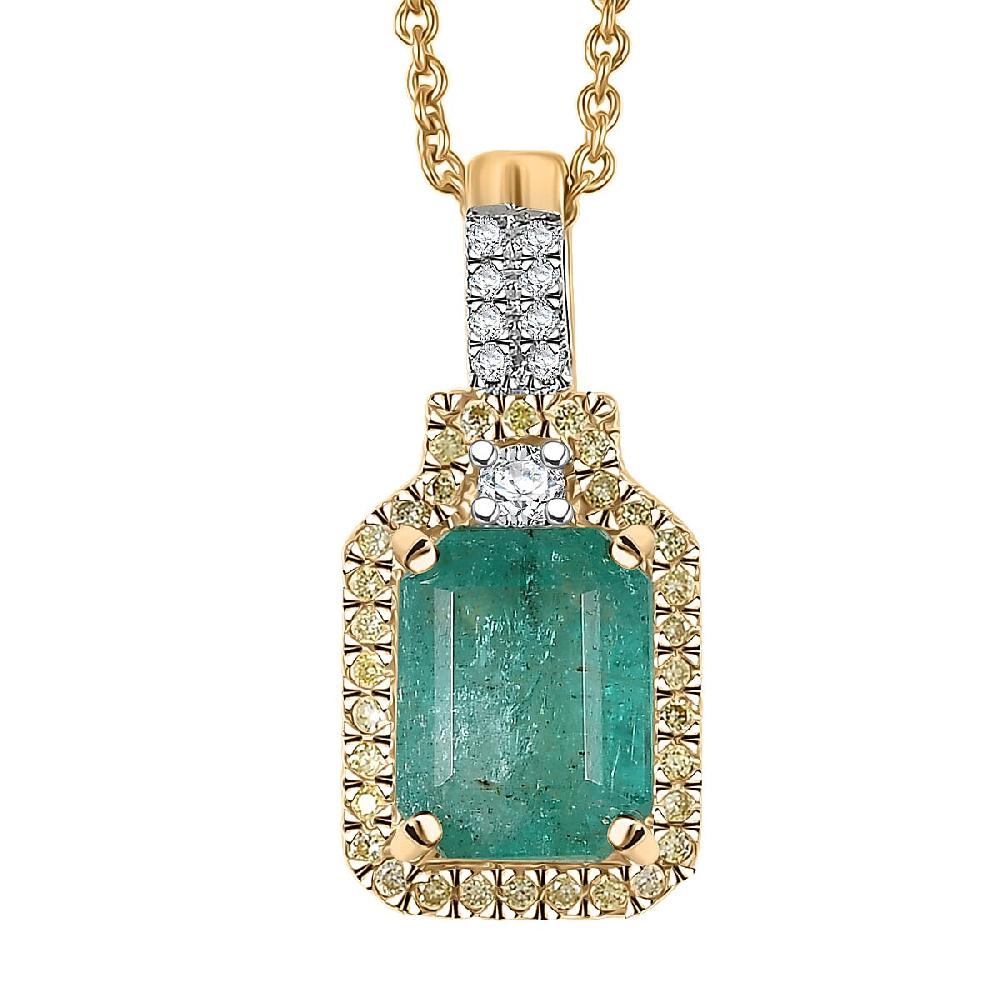 Luxoro AAA Kagem Zambian Emerald Natural Yellow and White Diamond I2 1.85 ctw Art Deco Pendant Necklace in 10K Yellow Gold 20 Inches