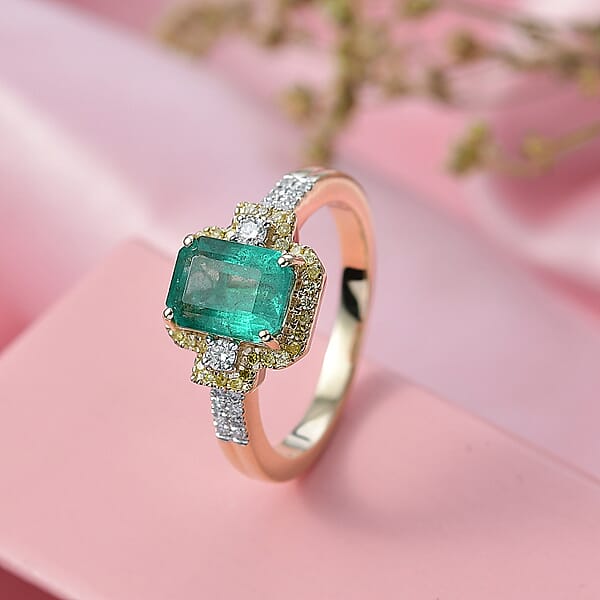 Luxoro AAA Kagem Zambian Emerald Natural Yellow Diamond White Diamond Art Deco Ring In 10K Yellow Gold 1.75 Ctw