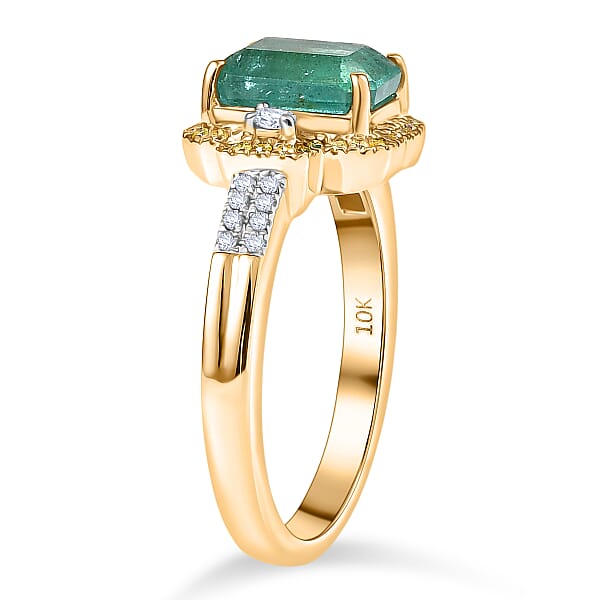 Luxoro AAA Kagem Zambian Emerald Natural Yellow Diamond White Diamond Art Deco Ring In 10K Yellow Gold 1.75 Ctw