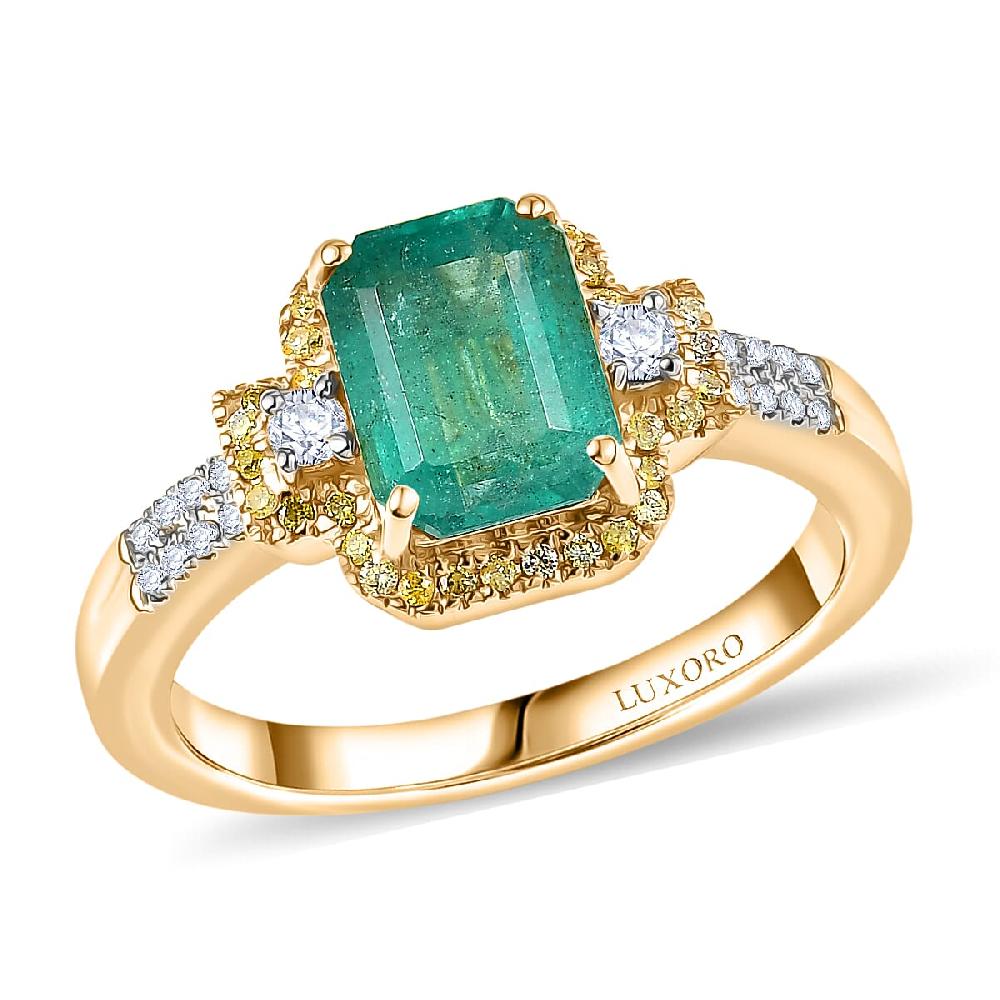 Luxoro AAA Kagem Zambian Emerald Natural Yellow Diamond White Diamond Art Deco Ring in 10K Yellow Gold 1.75 ctw