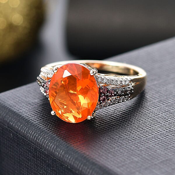 Luxoro AAA La Trinidad Fire Opal Padparadscha Sapphire Natural Champagne And White Diamond 3.40 Ctw Ring In 10K Yellow Gold