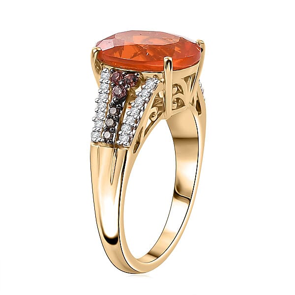 Luxoro AAA La Trinidad Fire Opal Padparadscha Sapphire Natural Champagne And White Diamond 3.40 Ctw Ring In 10K Yellow Gold