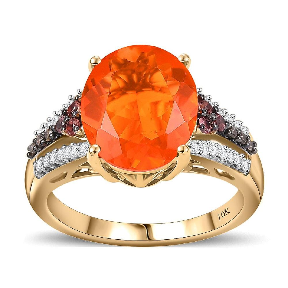Luxoro AAA La Trinidad Fire Opal Padparadscha Sapphire Natural Champagne and White Diamond 3.40 ctw Ring in 10K Yellow Gold