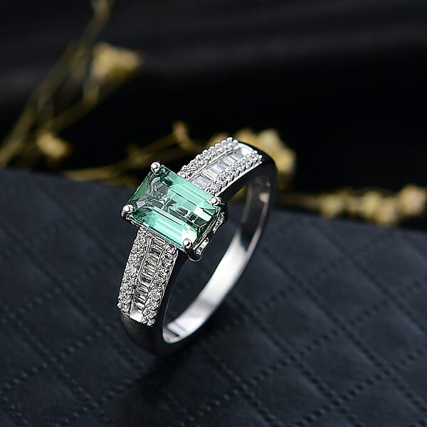 Luxoro AAA Lagoon Tourmaline Diamond Deco Ring In 10K White Gold 1.50 Ctw