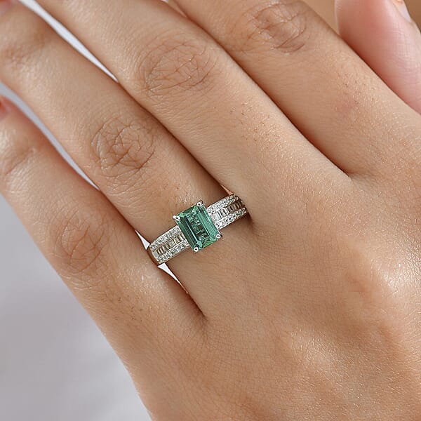 Luxoro AAA Lagoon Tourmaline Diamond Deco Ring In 10K White Gold 1.50 Ctw