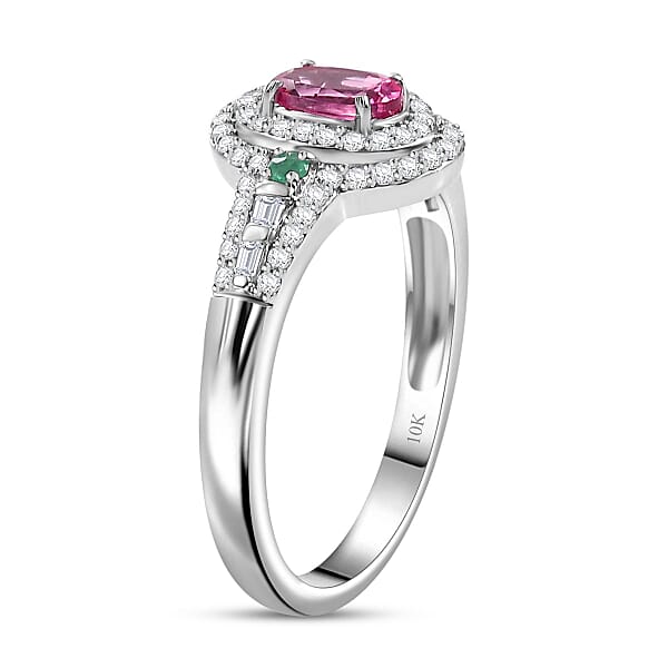 Luxoro AAA Mahenge Spinel Boyaca Colombian Emerald And G-H I2 Diamond 1.00 Ctw Radiant Rose Ring In 10K White Gold