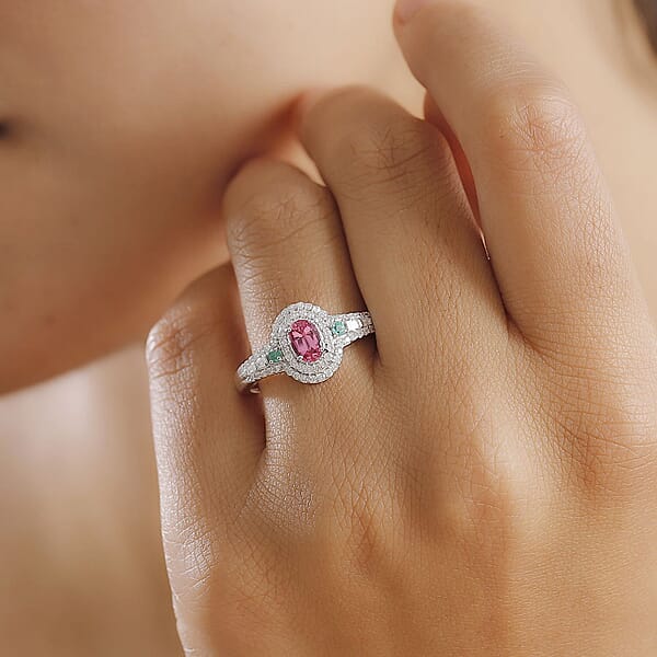 Luxoro AAA Mahenge Spinel Boyaca Colombian Emerald And G-H I2 Diamond 1.00 Ctw Radiant Rose Ring In 10K White Gold