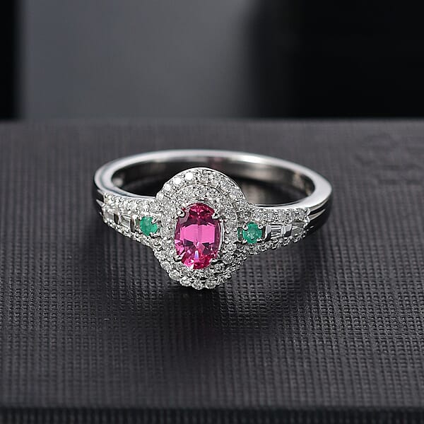 Luxoro AAA Mahenge Spinel Boyaca Colombian Emerald And G-H I2 Diamond 1.00 Ctw Radiant Rose Ring In 10K White Gold