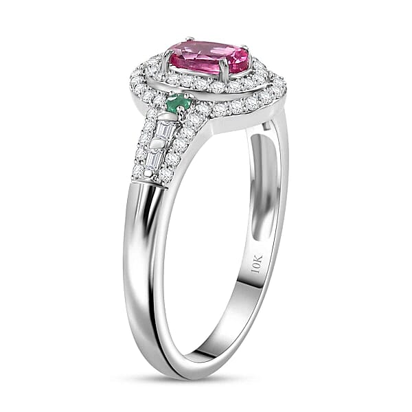 Luxoro AAA Mahenge Spinel Boyaca Colombian Emerald And G-H I2 Diamond 1.00 Ctw Radiant Rose Ring In 10K White Gold