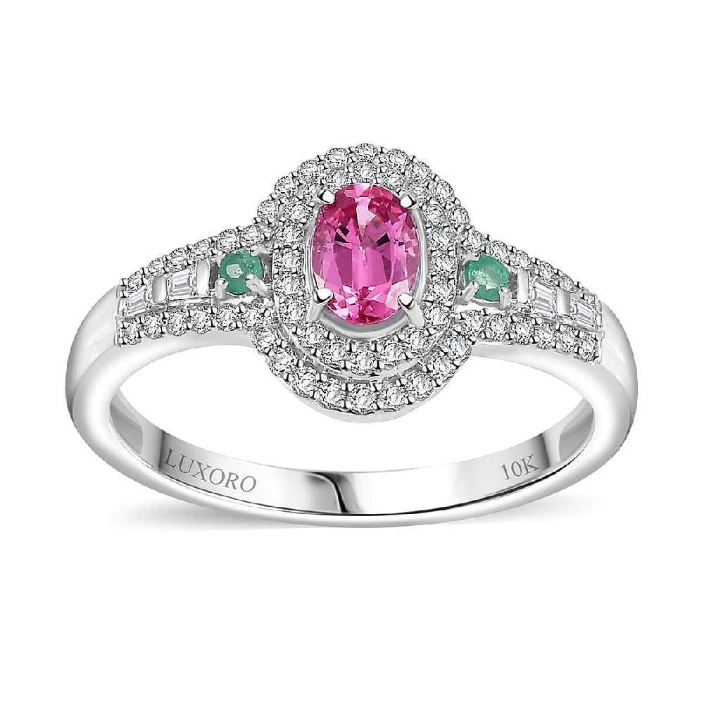 Luxoro AAA Mahenge Spinel Boyaca Colombian Emerald and G-H I2 Diamond 1.00 ctw Radiant Rose Ring in 10K White Gold