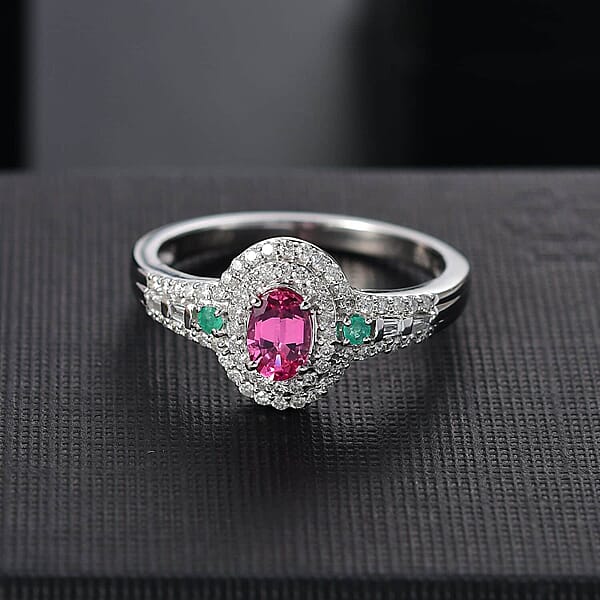 Luxoro AAA Mahenge Spinel Boyaca Colombian Emerald And G-H I2 Diamond 1.00 Ctw Radiant Rose Ring In 10K White Gold