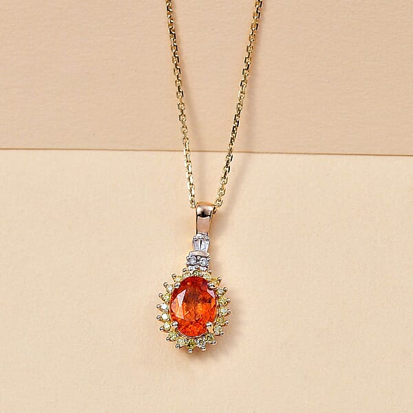 Luxoro AAA Mandarin Garnet Natural Yellow And White Diamond 1.85 Ctw Sunburst Pendant Necklace In 14K Yellow Gold 18 Inches