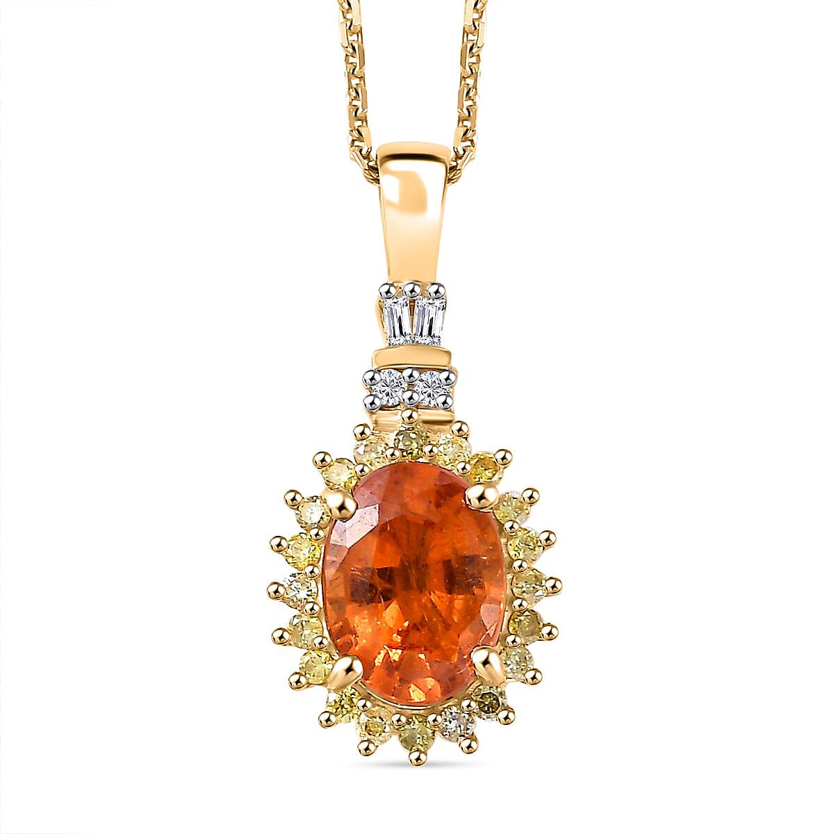 Luxoro AAA Mandarin Garnet Natural Yellow and White Diamond 1.85 ctw Sunburst Pendant Necklace in 14K Yellow Gold 18 Inches