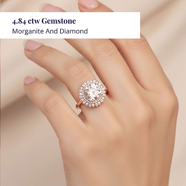 Luxoro AAA Marropino Morganite And G-H I2 Diamond 4.84 Ctw Ring In 10K Rose Gold 4.33 Grams