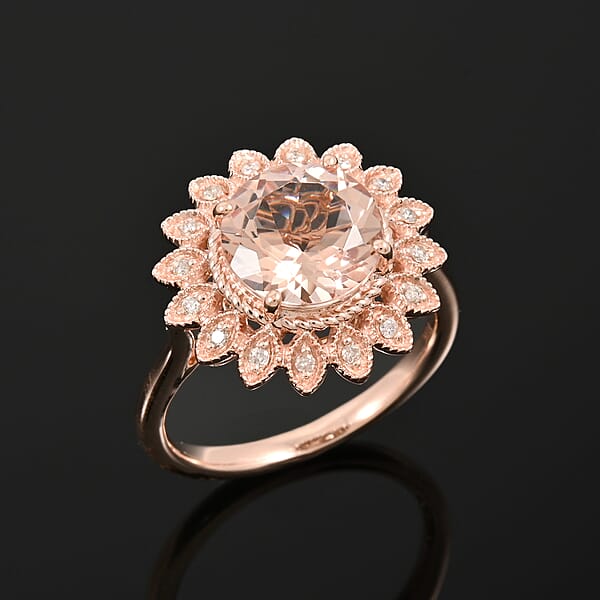Luxoro AAA Marropino Morganite And G-H I2 Diamond 3.50 Ctw Ring In 10K Rose Gold 4.95 Grams