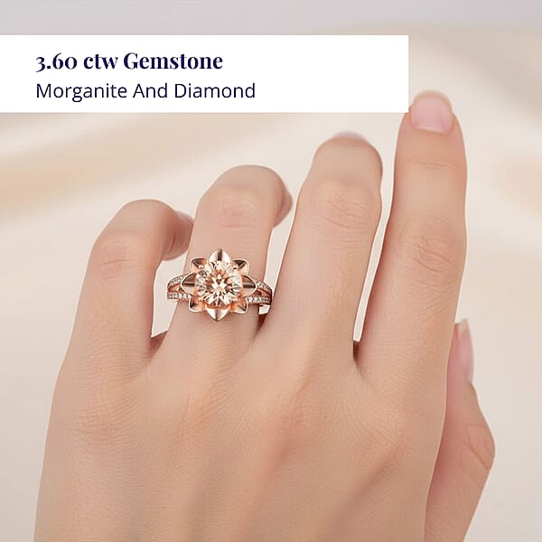 Luxoro AAA Marropino Morganite And G-H I2 Diamond 3.60 Ctw Daisy Floral Ring In 10K Rose Gold 6.07 Grams