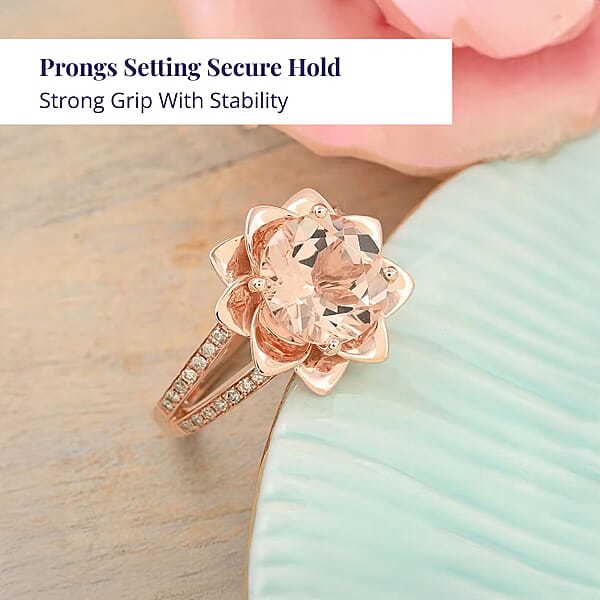 Luxoro AAA Marropino Morganite And G-H I2 Diamond 3.60 Ctw Daisy Floral Ring In 10K Rose Gold 6.07 Grams