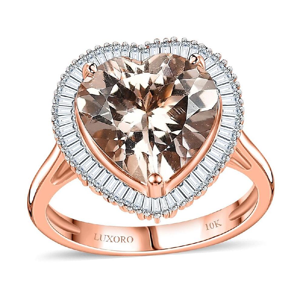 Luxoro AAA Marropino Morganite Diamond G-H I2 3.33 ctw Heart Ring in 10K Rose Gold (Size 7.5)