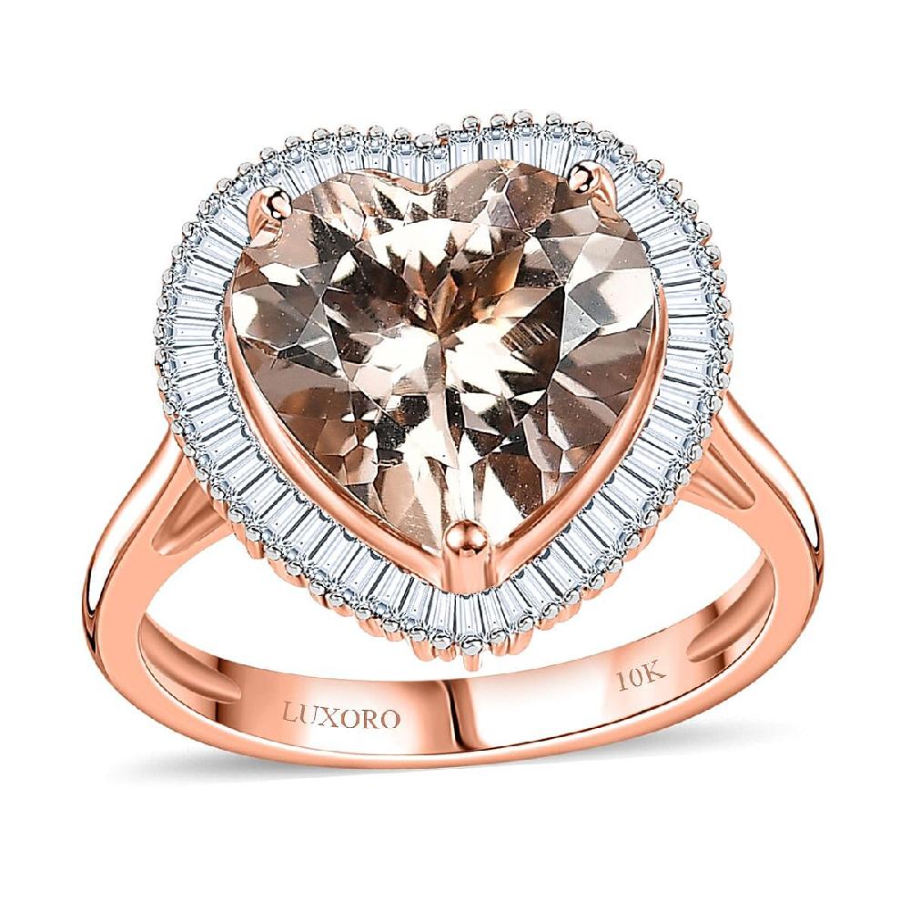 Luxoro AAA Marropino Morganite Diamond G-H I2 3.33 ctw Heart Ring in 10K Rose Gold (Size 8.0)