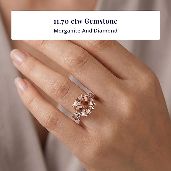 Luxoro AAA Marropino Morganite Natural Pink And White Diamond Ring In 14K Rose Gold 11.70 Ctw