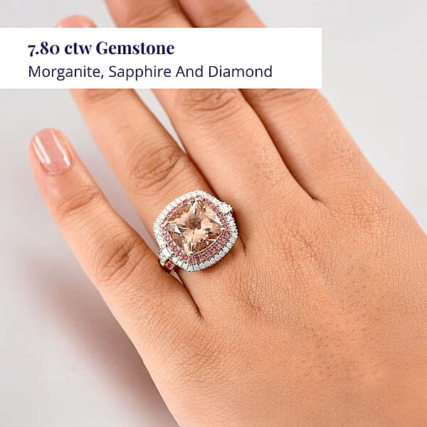 Luxoro AAA Marropino Morganite Padparadscha Sapphire And White Diamond I2 7.80 Ctw Classic Halo Ring In 14K Yellow Gold