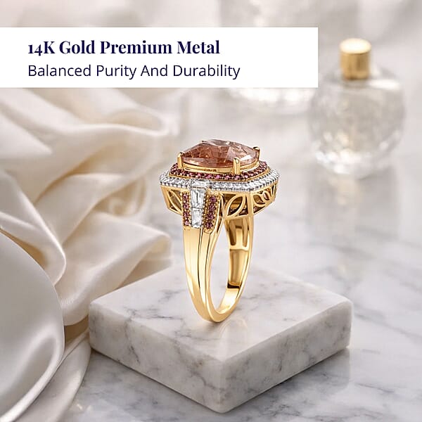 Luxoro AAA Marropino Morganite Padparadscha Sapphire And White Diamond I2 7.80 Ctw Classic Halo Ring In 14K Yellow Gold