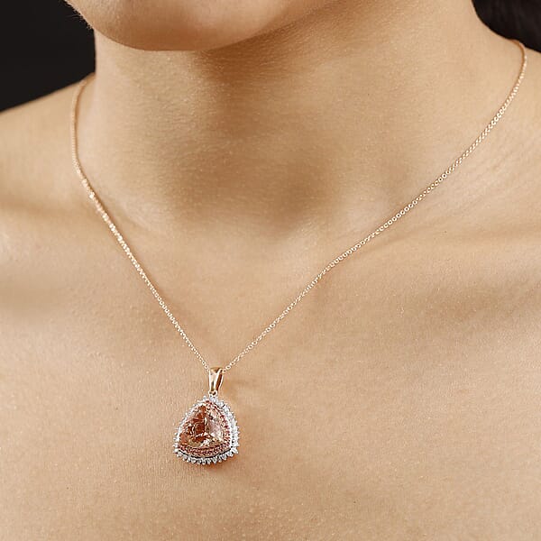 Luxoro AAA Marropino Morganite Padparadscha Sapphire (BT) And Diamond (I2) 6.25 Ctw Pendant Necklace In 14K Rose Gold 20 Inches 5.80 Grams