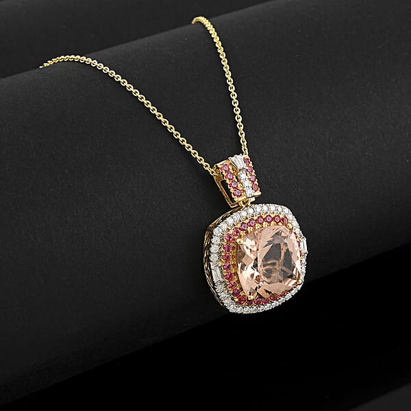 Luxoro AAA Marropino Morganite Padparadscha Sapphire And White Diamond I2 7.70 Ctw Pendant Necklace In 14K Yellow Gold 20 Inches