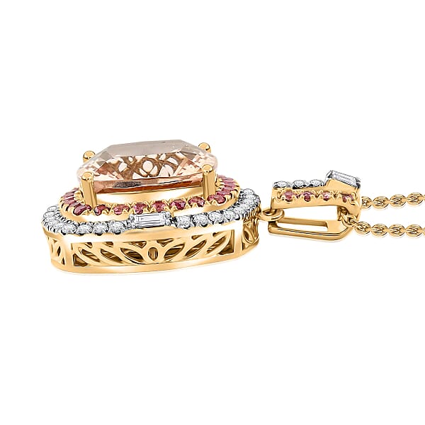 Luxoro AAA Marropino Morganite Padparadscha Sapphire And White Diamond I2 7.70 Ctw Pendant Necklace In 14K Yellow Gold 20 Inches