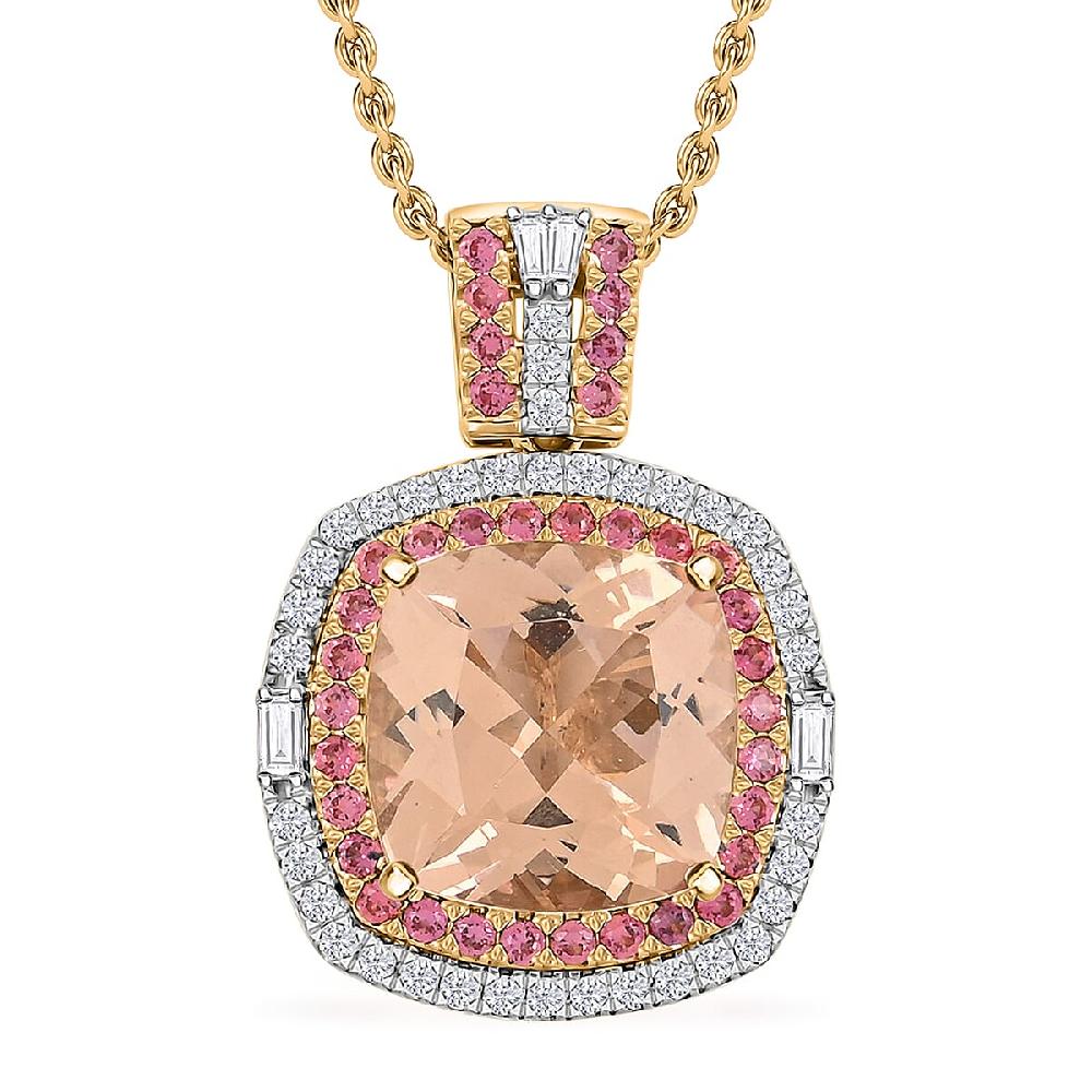 Luxoro AAA Marropino Morganite Padparadscha Sapphire and White Diamond I2 7.70 ctw Pendant Necklace in 14K Yellow Gold 20 Inches
