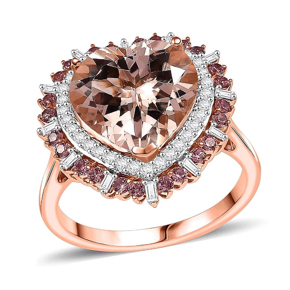 Luxoro AAA Marropino Morganite Padparadscha Sapphire and Diamond I2 5.90 ctw Radiant Heart Ring in 14K Rose Gold (Size 6.5)