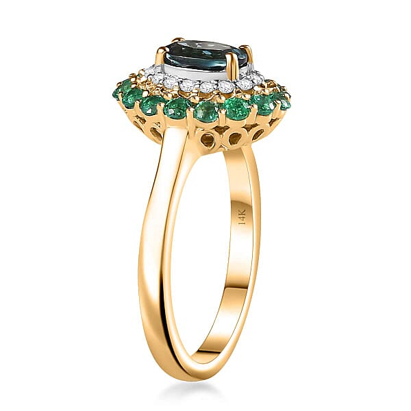 Luxoro AAA Monte Belo Indicolite Boyaca Colombian Emerald And G-H I2 Diamond 1.52 Ctw Floral Ring In 14K Yellow Gold 4 Grams