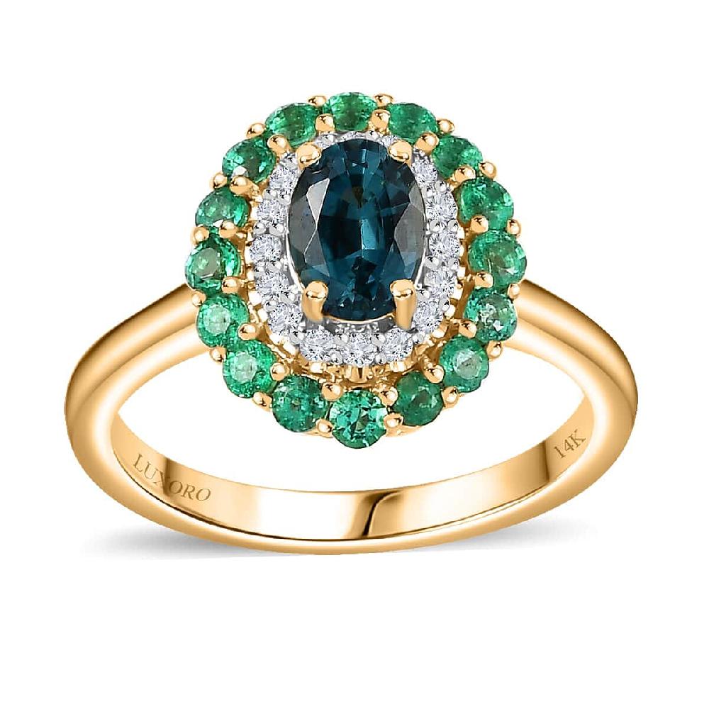 Luxoro AAA Monte Belo Indicolite Boyaca Colombian Emerald and G-H I2 Diamond 1.52 ctw Floral Ring in 14K Yellow Gold 4 Grams