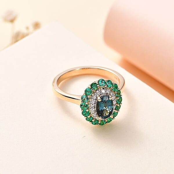 Luxoro AAA Monte Belo Indicolite Boyaca Colombian Emerald And G-H I2 Diamond 1.52 Ctw Floral Ring In 14K Yellow Gold 4 Grams