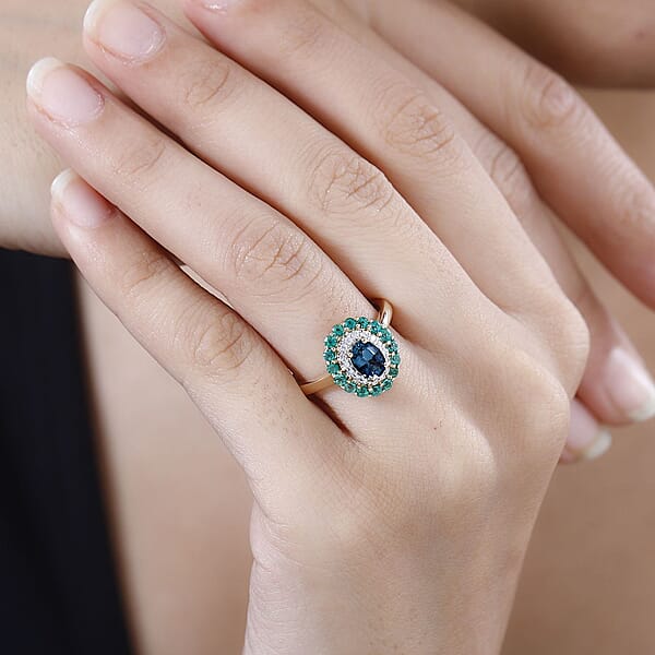 Luxoro AAA Monte Belo Indicolite Boyaca Colombian Emerald And G-H I2 Diamond 1.52 Ctw Floral Ring In 14K Yellow Gold 4 Grams