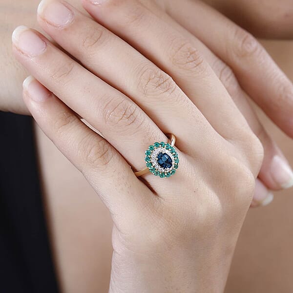 Luxoro AAA Monte Belo Indicolite Boyaca Colombian Emerald And G-H I2 Diamond 1.52 Ctw Floral Ring In 14K Yellow Gold 4 Grams