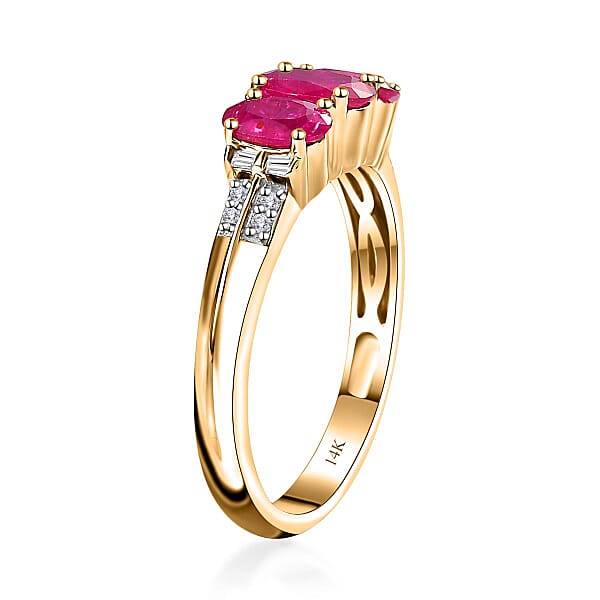 Luxoro AAA Montepuez Ruby And G-H I2 Diamond 2.30 Ctw Trilogy Ring In 14K Yellow Gold 4 Grams