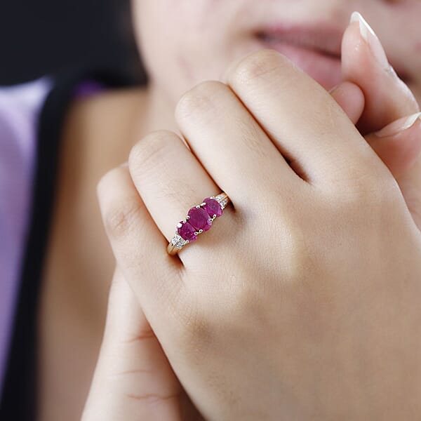 Luxoro AAA Montepuez Ruby And G-H I2 Diamond 2.30 Ctw Trilogy Ring In 14K Yellow Gold 4 Grams
