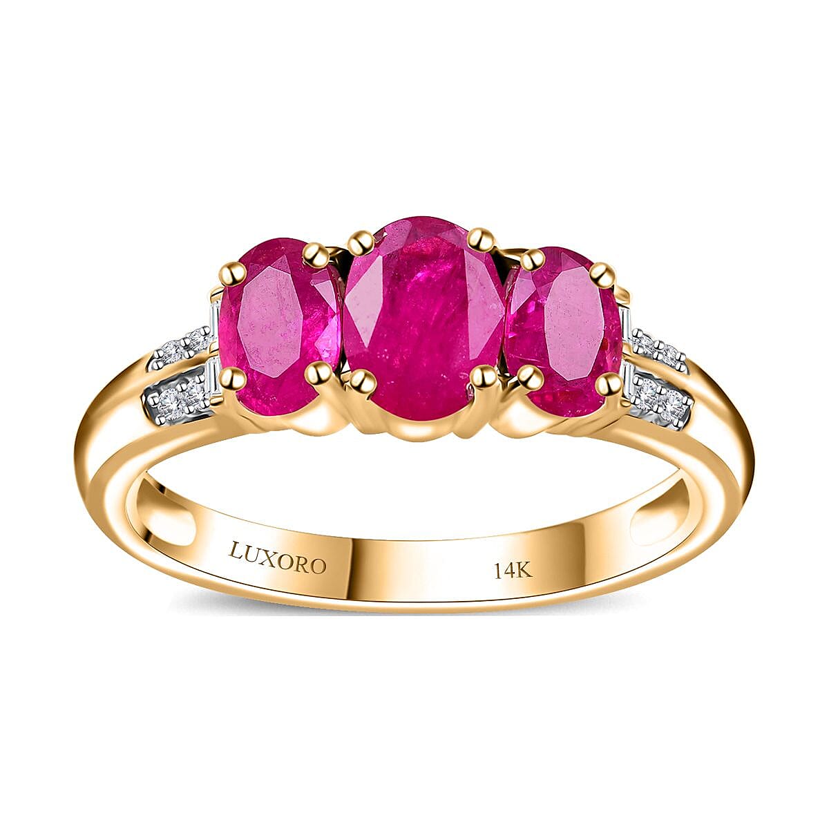 Luxoro AAA Montepuez Ruby and G-H I2 Diamond 2.30 ctw Trilogy Ring in 14K Yellow Gold 4 Grams