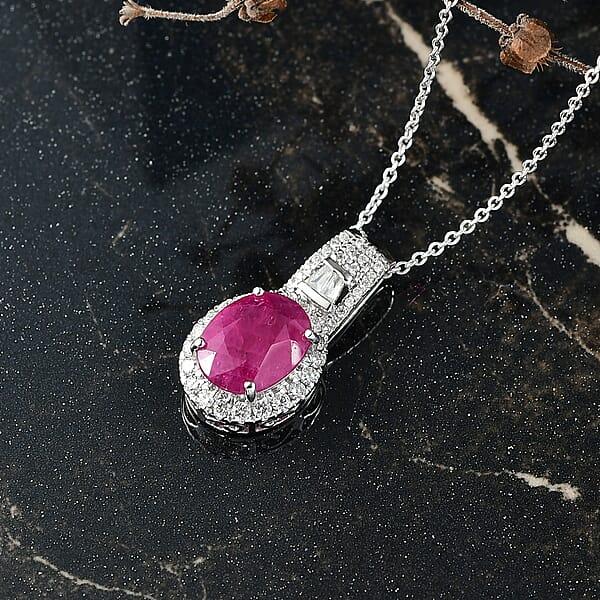 Luxoro AAA Montepuez Ruby And G-H I2 Diamond 3.40 Ctw Classic Halo Pendant Necklace In 10K White Gold 20 Inches